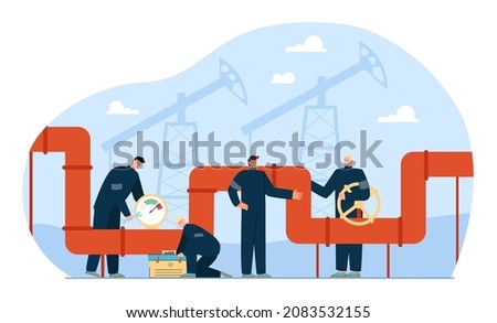 Oil and gas pipeline leak control by team of workers. People carrying out pipe leakage testing and maintenance with equipment flat vector illustration. Service pipe inspection, energy industry concept