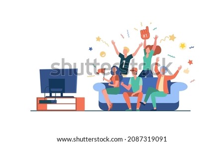 Football fans watching match on TV. Friends sitting on couch and celebrating soccer team winning or goal. Vector illustration for championship, leisure at home, sport game supporter concept