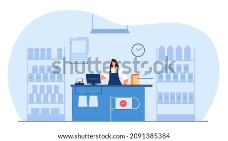 Supermarket interior with cashier at checkout. Female worker at cash register in shop flat vector illustration. Grocery shopping, retail concept for banner, website design or landing web page