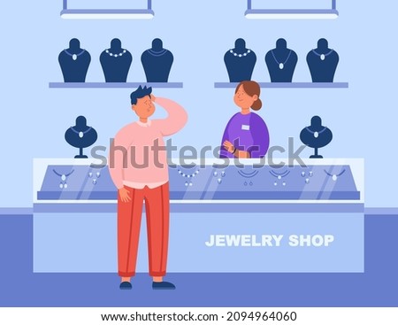 Rich customer and saleswoman in trading room in jewelry shop. Store interior, man buying jewellery at mall flat vector illustration. Shopping, accessories, luxury, fashion concept for banner