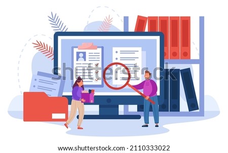 Search of documents in database by users with magnifying glass. Tiny people searching digital files and organized archives of information flat vector illustration. Data storage, source concept