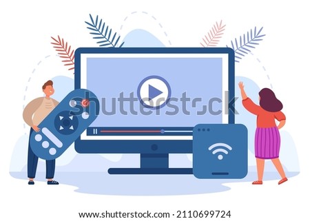 People watching video and digital television on monitor. Tiny man and woman holding remote control and wireless multimedia receiver box flat vector illustration. Entertainment, smart TV concept
