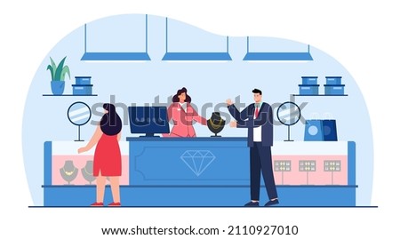 Saleswoman selling female gold accessory as gift to rich man. People buying golden jewellery on sales in boutique, shopping mall or store flat vector illustration. Jewelry, luxury, retail concept