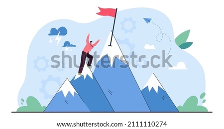 Perseverance in achieving business goal of businessman. Tiny brave man climbing mountain top to flag with effort and belief of victory flat vector illustration. Ambition, success strategy concept Imagine de stoc © 