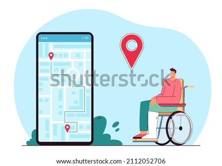 Man in wheelchair using navigation or taxi app on phone. Male character with physical disability making route on city map flat vector illustration. Transportation, mobility concept for banner