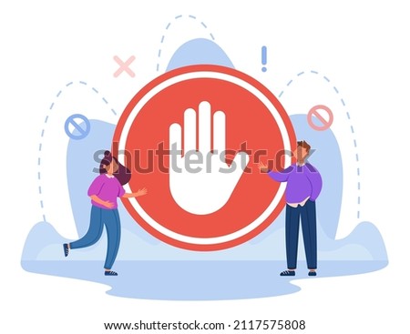 Tiny people standing near stop sign flat vector illustration. Huge red sign with hand symbolizing ban on entry, danger warning, caution, prohibited actions. Alert, risk, gesture concept