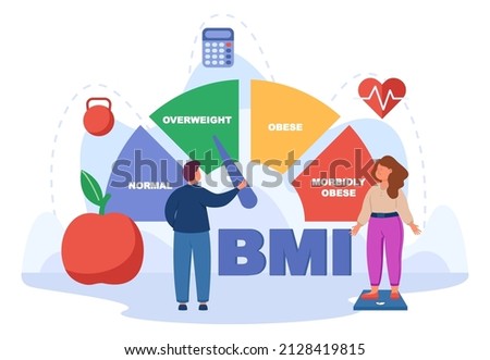 Girl standing on scale flat vector illustration. Woman trying to control weight with help of diet. Body mass index chart with normal, overweight, obese color blocks. Underweight, BMI, fitness concept