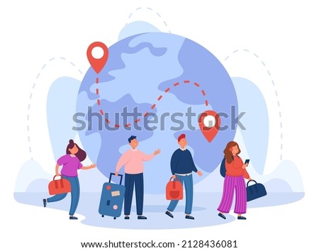 Immigrants standing in queue to check in for flight. Male and female tourists in background of globe with points of departure and arrival flat vector illustration. Immigration, travel concept