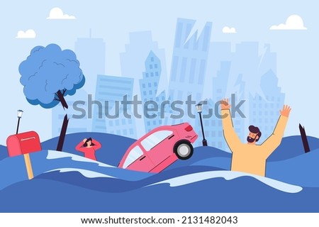 People on flooded street flat vector illustration. Desperate man and woman standing in water and asking for help. Flooded cars and houses in city. Natural disaster, tsunami, emergency concept