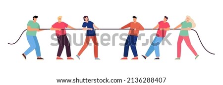 People pulling rope in team competition. Competing strong persons playing tug of war game, characters resisting in contest flat vector illustration. Challenge, confrontation, struggle concept