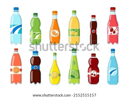 Bottles of different fizzy drinks vector illustrations set. Soda, water, juice in plastic or glass bottles, beverages with different flavors isolated on white background. Beverage, refreshment concept