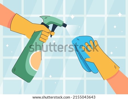 Hands of housekeeper cleaning tiles in kitchen or bathroom. Cleaner holding wipe and spray flat vector illustration. Hygiene, housekeeping, cleaning service concept for banner, website design