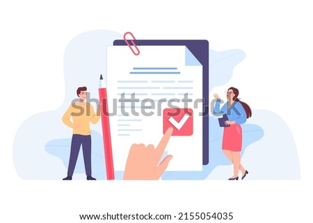 Tiny people signing legal principles document. Protection of privacy data, control of employee, statement with text protocol flat vector illustration. Regulation procedure concept