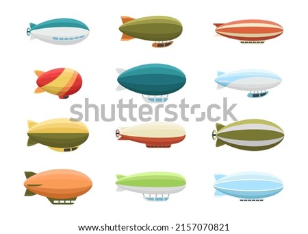 Different colorful airships vector illustrations set. Collection of retro zeppelins or dirigibles, passenger air ships isolated on white background. Transportation, tourism, aviation industry concept
