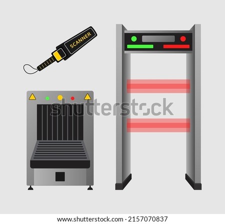 Security checkpoint elements flat vector illustrations set. Metal detector gate, X-ray scanner for luggage or baggage in airport isolated on grey background. Security, traveling concept