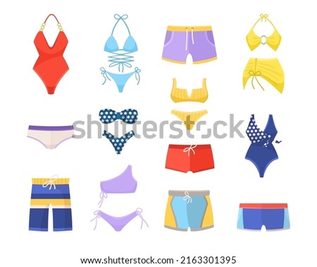 Male and female swimwear vector illustrations set. Different designs of bikinis and swimsuits for women, pants or underwear for men, swim suits for beach on white background. Summer, fashion concept