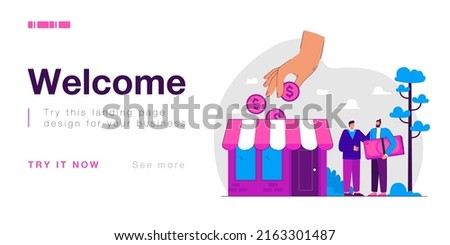 Hand giving money to entrepreneurs and local shopkeepers. Tiny people shop owners receiving loan flat vector illustration. Small business support, collateral and financial help, subsidy concept