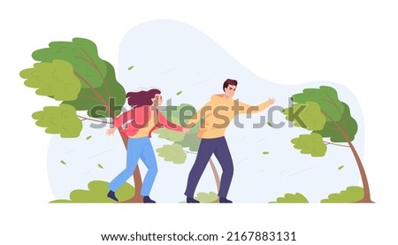 Man and woman in strong wind. Male and female characters battling strong wind. Nature, weather concept for website or landing page