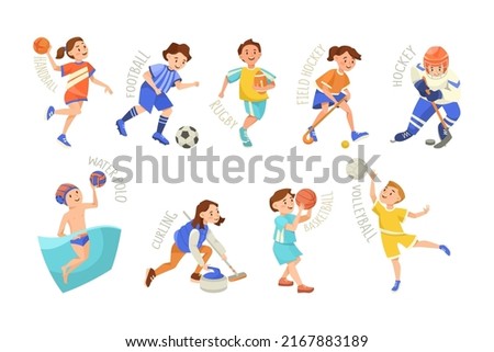 Children and different kinds of sports vector illustrations set. Boys and girls exercising and playing handball, water polo, football, basketball, hockey isolated on white background. Sports concept