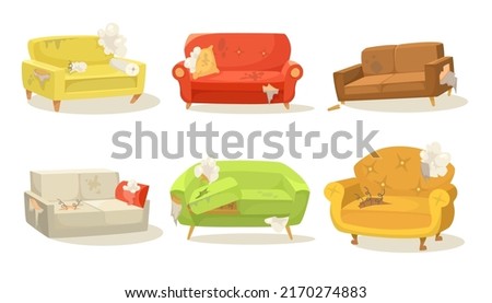 Dirty broken sofas vector illustrations set. Torn old couches with pillows for living room isolated on white background. Furniture, interior design concept