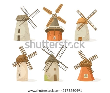 Old windmills as landscape elements vector illustrations set. Cartoon drawings of stone and wooden tower mills isolated on white background. Agriculture, farming, architecture, Holland concept