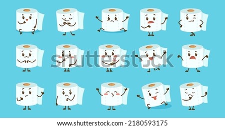 Emoticons with cute comic toilet paper vector illustrations set. Funny toilet roll for washroom cartoon character with different emotions isolated on blue background. Hygiene, emotions concept