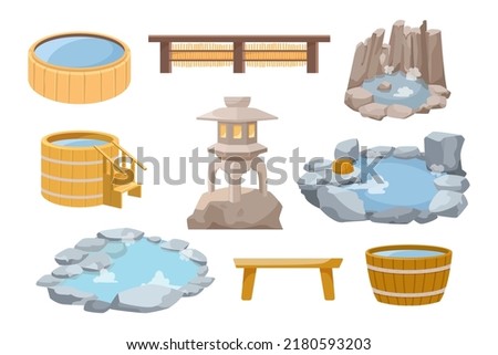 Japanese hot spring elements vector illustrations set. Collection of cartoon drawings of outdoor bath, pool or onsen, wooden barrels with water on white background. Japan, spa, relaxation concept