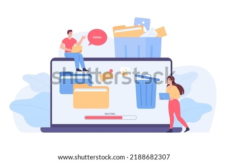 Tiny people and huge laptop with trash bin on screen. Speech bubble with word delete, process of deleting of files on computer flat vector illustration. Storage, digital data concept for banner