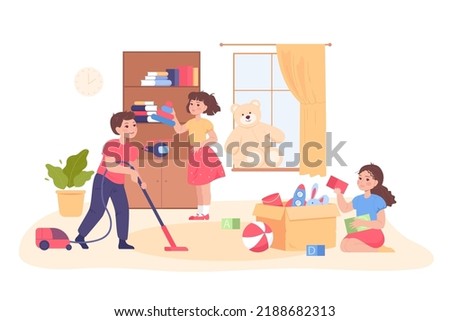 Cute children cleaning playroom together. Little kids making room tidy, girls sorting or arranging toys, boy with vacuum cleaner flat vector illustration. Childhood, household concept for banner