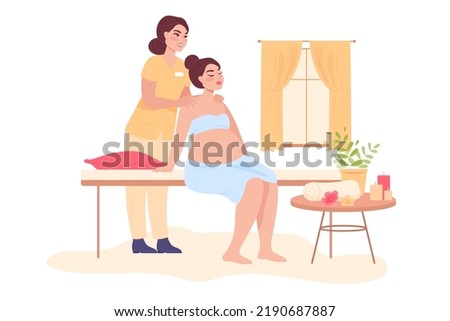 Pregnant cartoon woman getting massage. Prenatal massage therapy or treatment, adult character relaxing flat vector illustration. Pregnancy, spa salon concept for banner, website design, landing