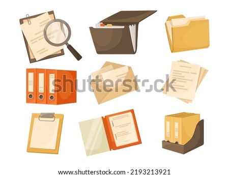 Folders with files or documents vector illustrations set. Data storage, cartoon drawings of office papers in envelopes and folders with rings isolated on white background. Business, paperwork