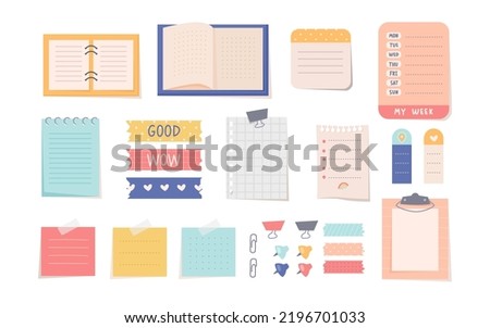 Sticky notes and notebooks flat vector illustrations set. Simple colorful designs of tools for office, diary, taking notes or studying, clips or tongs, dairy. Stationery, back to school concept
