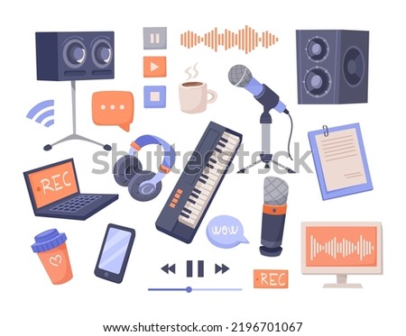 Different equipment for radio broadcast vector illustrations set. Devices for radio or music studio, laptop, microphones, headphones isolated on white background. Music, broadcasting, radio concept