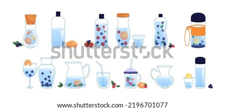 Cups and bottles of water with fruit vector illustrations set. Cold water drinks or juice with citrus fruits or berries, natural lemonade in jars on white background. Summer, beverage, health concept