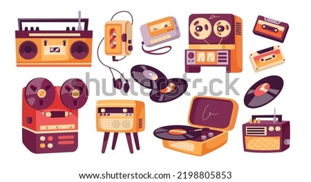 Vintage music players flat vector illustrations set. Collection of cartoon drawings of retro audio devices, radio, cassette and vinyl player, tapes, jukebox on white background. Music, history concept