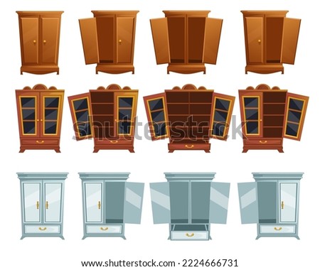 Wardrobes with open, half-open and closed doors vector set. Cartoon illustrations of three different style and color wardrobes isolated on white background. Design, furniture concept