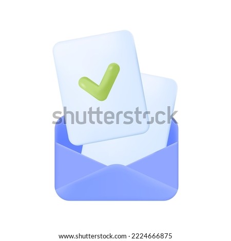 Documents with checkmarks in blue envelope 3D icon. Business e-mail or letter with information or tasks 3D vector illustration on white background. Communication, correspondence, business concept