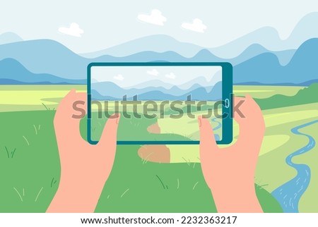Hands of person taking photo of landscape with smartphone. Travel photographer or blogger taking photo of green field flat vector illustration. Photography, technology, traveling concept for banner