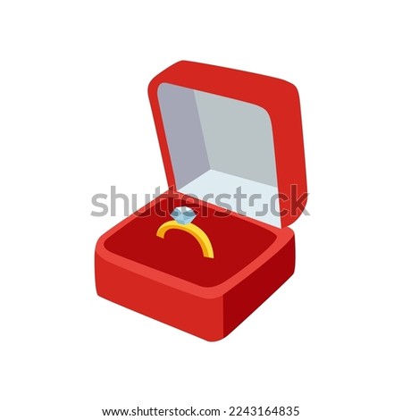 Golden engagement ring with diamond vector illustration. Accessory for wedding or proposal in red box, ring with jewel isolated on white background. Marriage, love, jewellery concept