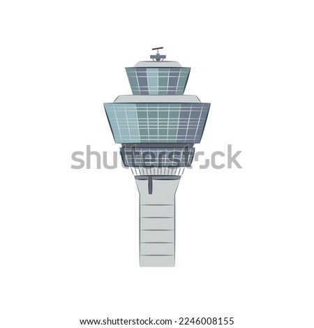 Flight control tower vector illustration. ATC, airport command center, modern building isolated on white background. Aviation industry, traveling, tourism, transportation concept