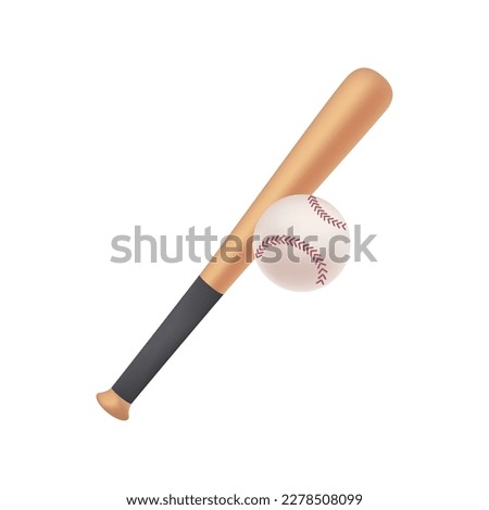 Baseball bat and ball 3D illustration. Cartoon drawing of equipment for training or match in 3D style on white background. Sports, baseball, healthy lifestyle, recreation concept