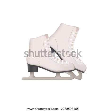 Figure or ice skates for athletes 3D illustration. Drawing of white shoes with blades for figure skating in 3D style on white background. Sports, healthy lifestyle, leisure, figure skating concept