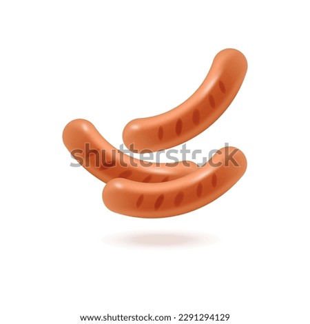 Grilled sausages 3d vector illustration. Smoked meat product for cooking or restaurant in cartoon style isolated on white background. Fast food, shop, menu concept