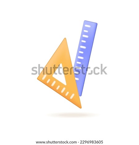 Yellow triangle and blue ruler for students 3D illustration. Cartoon drawing of tools or school supplies for math classes in 3D style on white background. Education, stationery concept