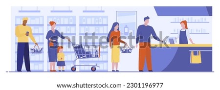 People with groceries standing in queue vector illustration. Drawing of cashier at checkout and shoppers in line with baskets and carts, customer paying for products. Shopping, commerce concept
