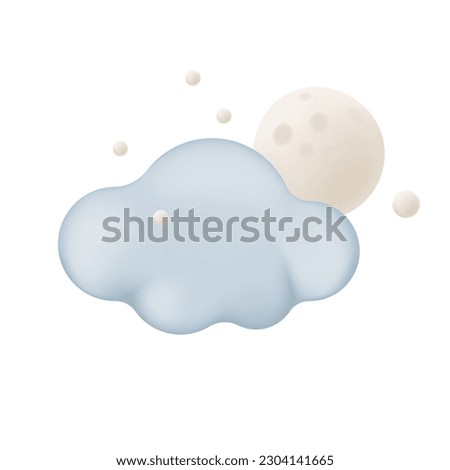 Cloud with stars and moon 3d vector illustration. Snowy and cloudy weather at night in cartoon style isolated on white background. Weather forecast, meteorology concept