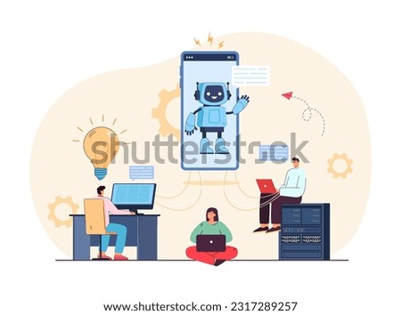 Hackers trying to break AI chatbot vector illustration. People using computer to find flaws in system, happy robot on smartphone screen. Artificial intelligence hacking, chatbot disadvantages concept