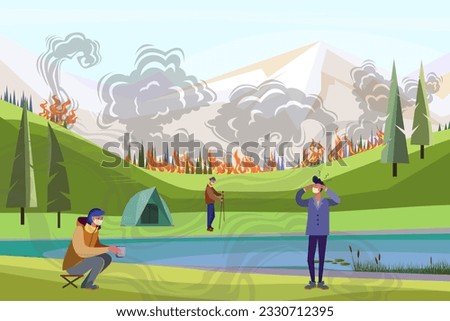 Smoke due to wildfires and people in masks vector illustration. Cartoon drawing of burning forest, fire causing air pollution, people camping. Ecology, air pollution, natural disaster concept