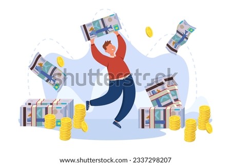 Happy man with big Kazakh tenge banknote vector illustration. Cartoon drawing of cash and stacks of coins, man with money prize or salary. Finances, success, wealth, banking, currency concept