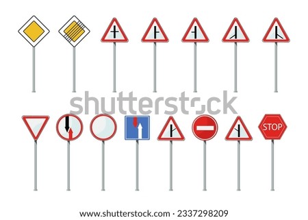 Direction and warning road signs vector illustrations set. Collection of cartoon drawings of signposts, priority, intersection, two way, side road, stop, no enter. Road safety, transportation concept